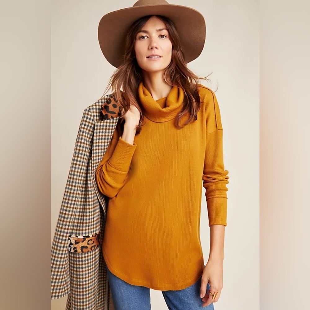 Anthropologie Maeve Ainsley Thermal Mustard Cowl Neck Turtleneck Sweater